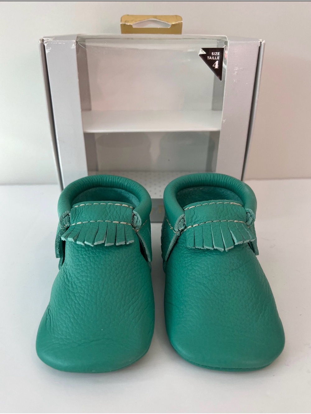 Freshly Picked Teal Kids Fringe Moccasins Size 4